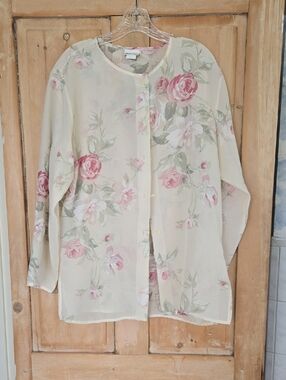 Vintage Floral Button-Front Sheer Blouse - Cream with Pink Roses